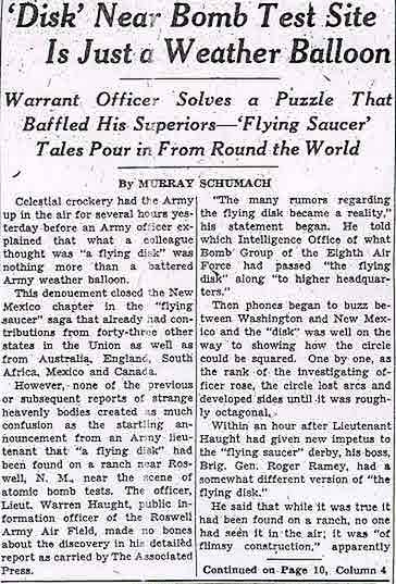 Historic Ufos - Original Roswell 'weather Balloon' Farce In Ny Times